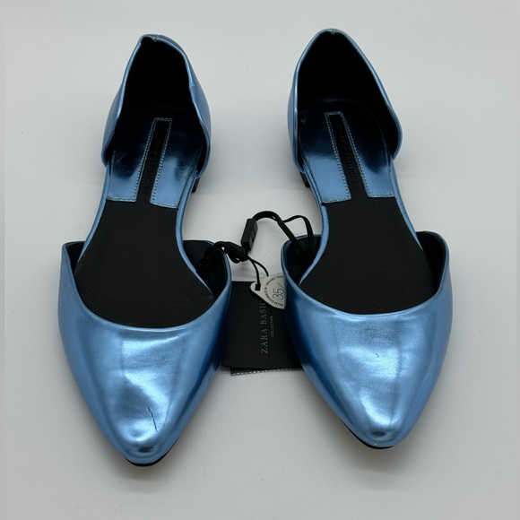 NWT ZARA D'ORSAY blue metallic pointy flats - Picture 1 of 4